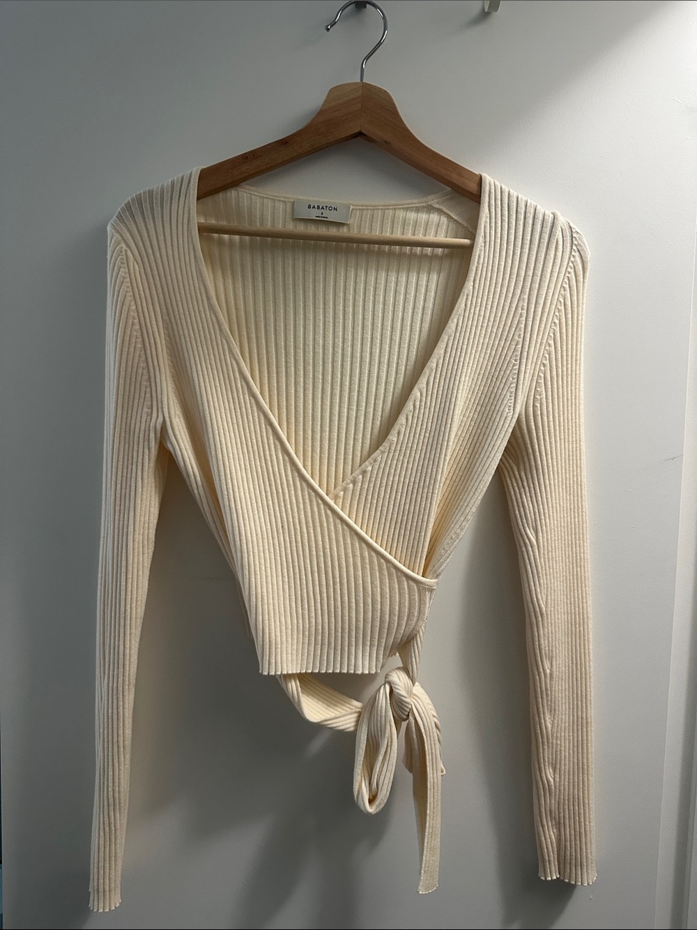 Babaton Cream Ribbed Wrap Tie Long-Sleeve Top